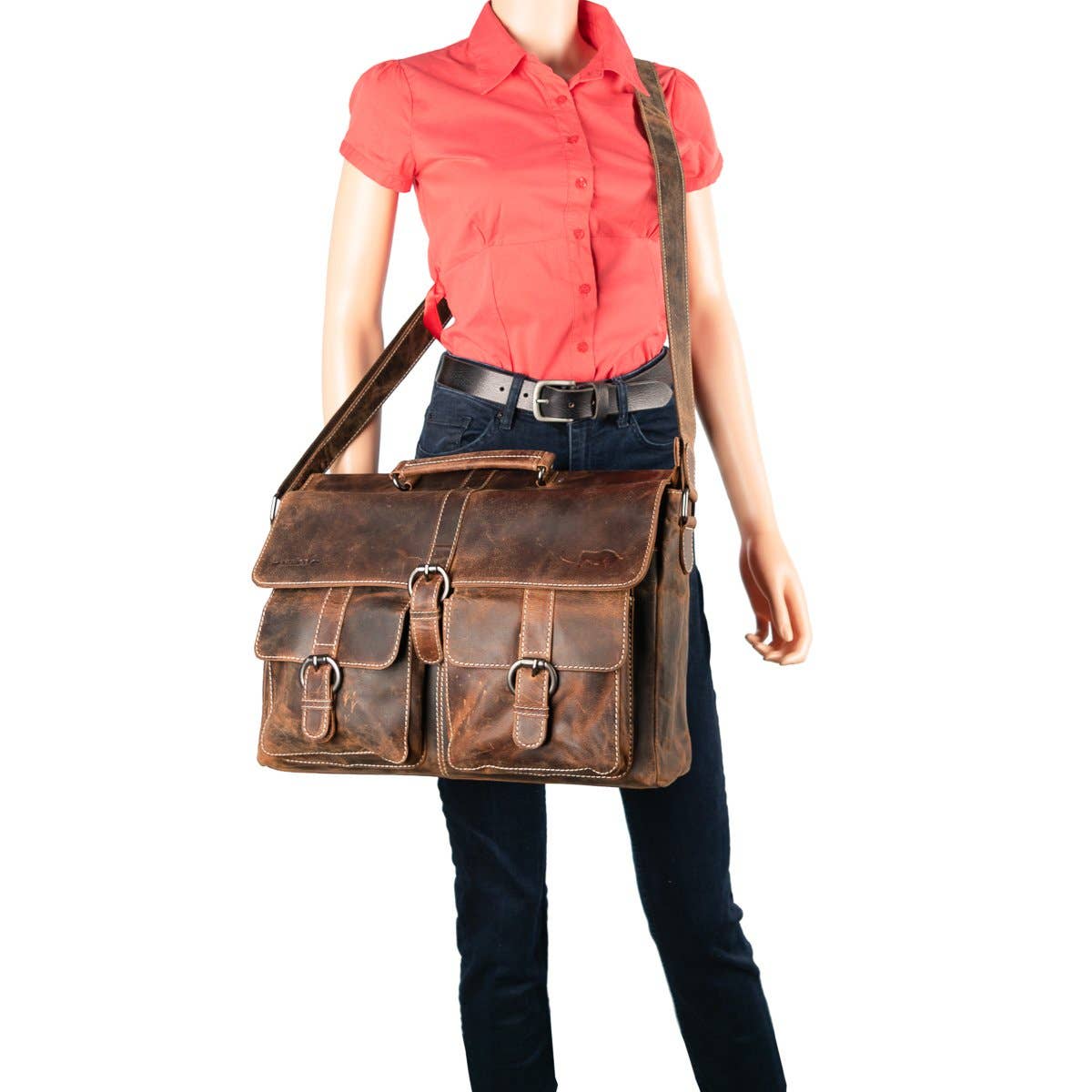 Messenger Bag with Shoulder Strap and Handle Buffalo Leather: Black