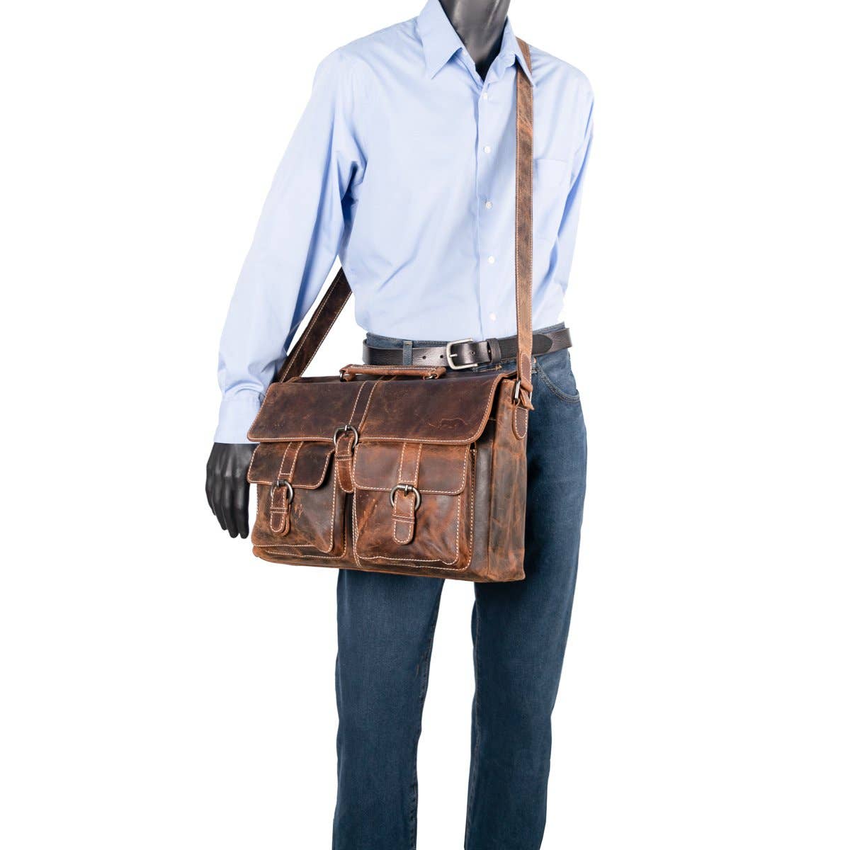 Messenger Bag with Shoulder Strap and Handle Buffalo Leather: Dark brown