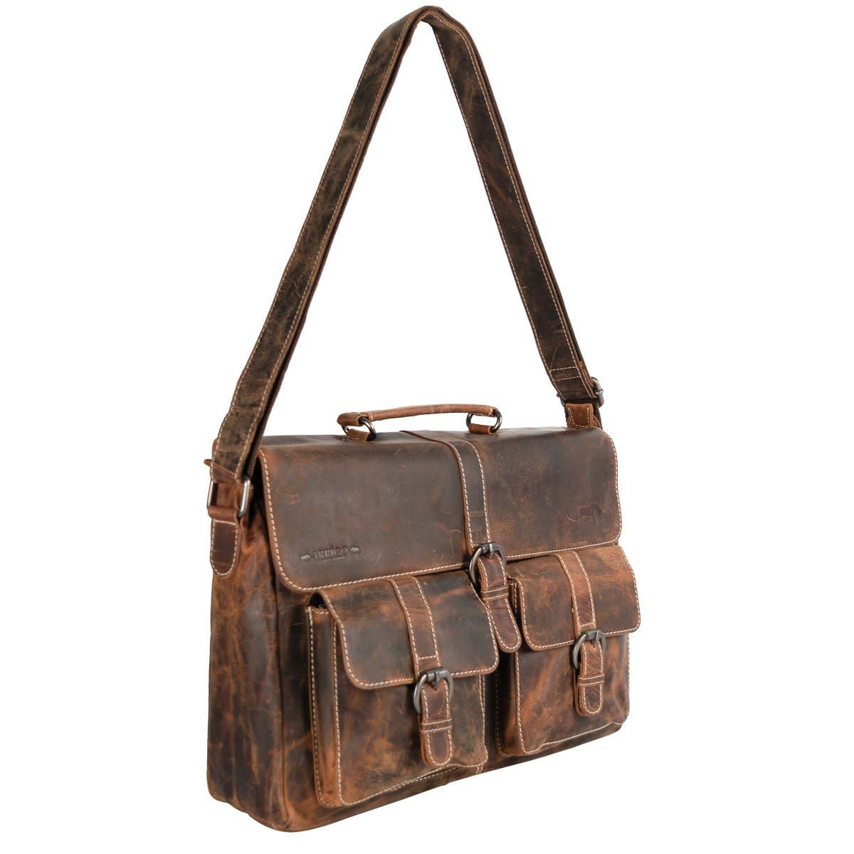 Messenger Bag with Shoulder Strap and Handle Buffalo Leather: Black