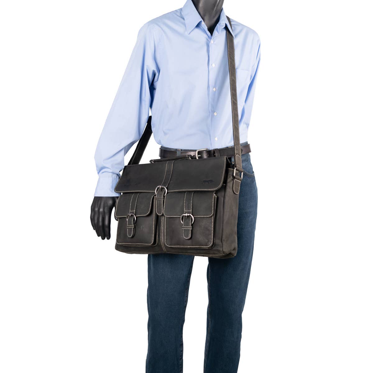 Messenger Bag with Shoulder Strap and Handle Buffalo Leather: Black