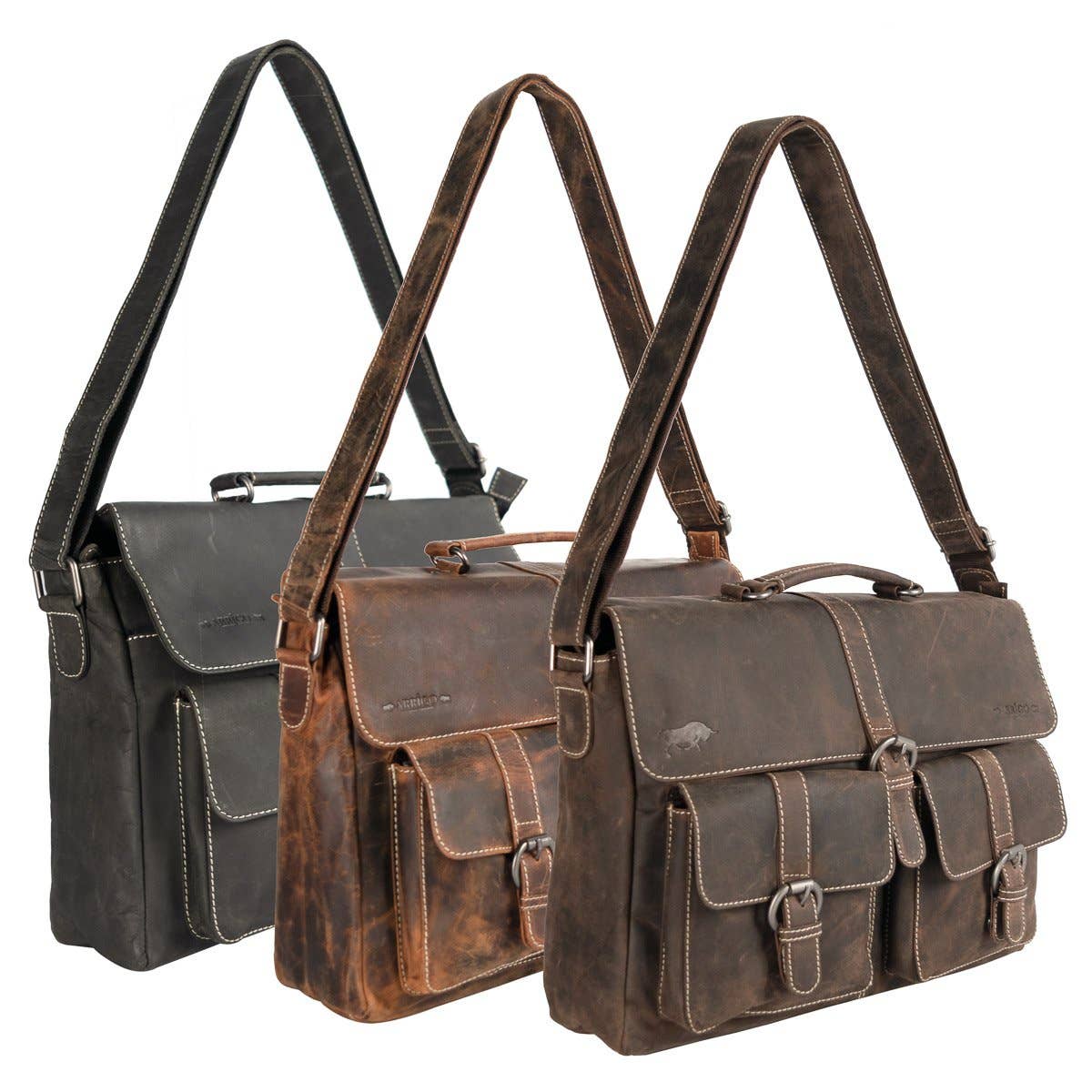 Messenger Bag with Shoulder Strap and Handle Buffalo Leather: Black