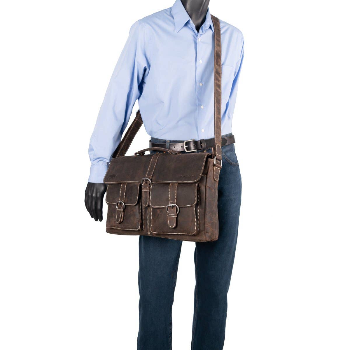 Messenger Bag with Shoulder Strap and Handle Buffalo Leather: Dark brown
