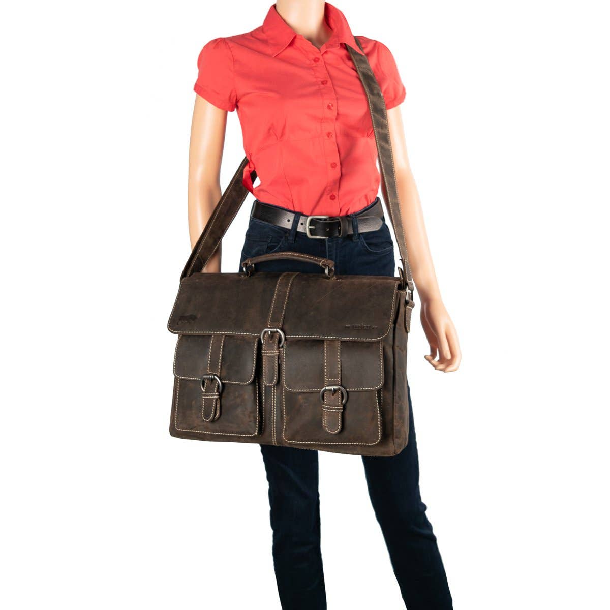 Messenger Bag with Shoulder Strap and Handle Buffalo Leather: Black