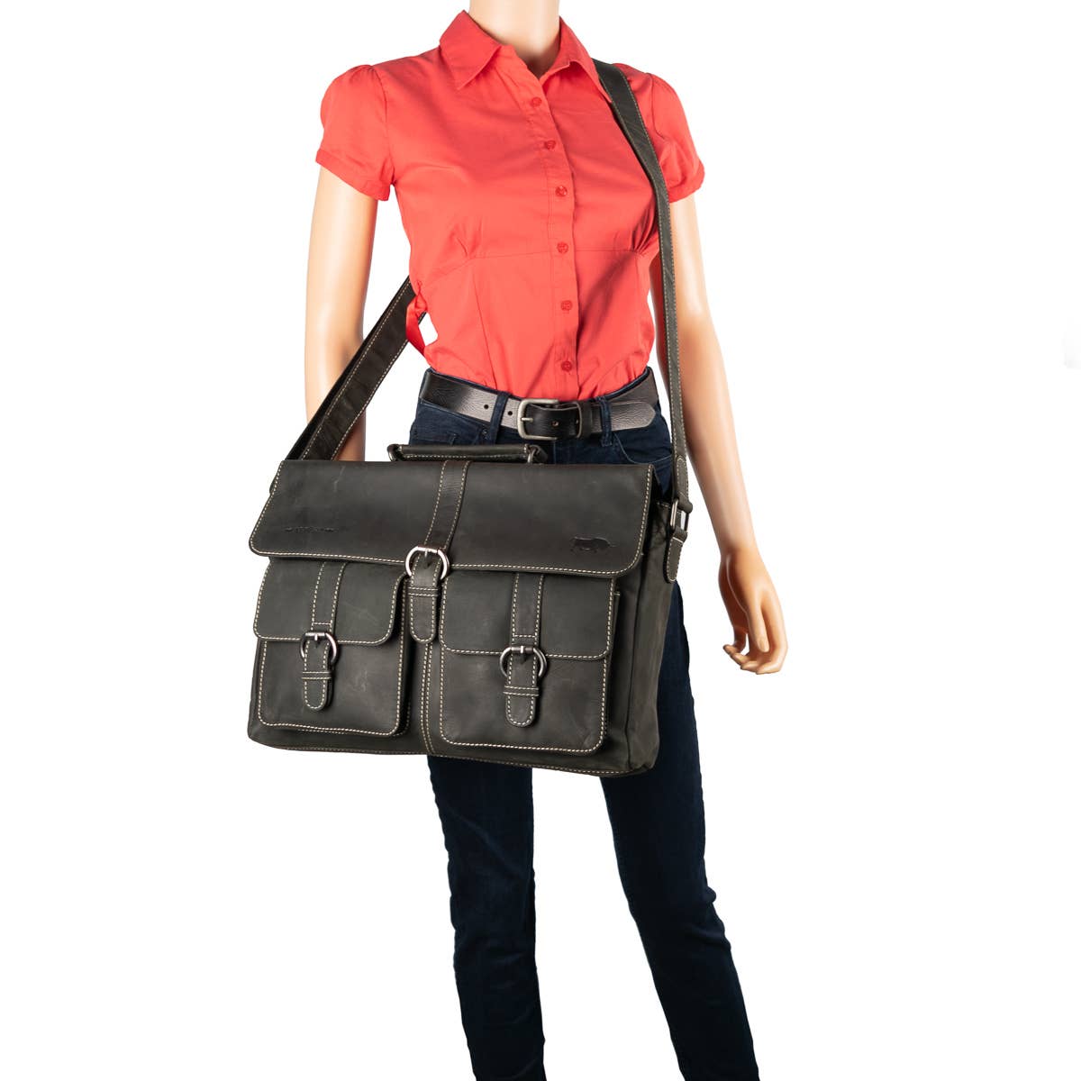 Messenger Bag with Shoulder Strap and Handle Buffalo Leather: Dark brown