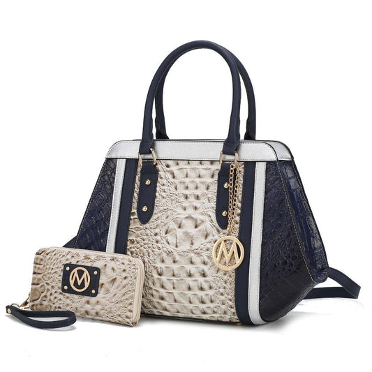 Daisy 2 PCS Croco Satchel Handbag & Wallet Women by Mia k: Gray Navy