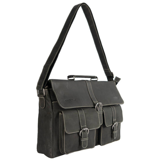 Messenger Bag with Shoulder Strap and Handle Buffalo Leather: Black