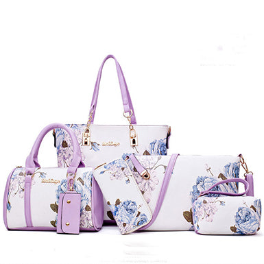 Printed Grain Leather Six Piece Floral Bag Set