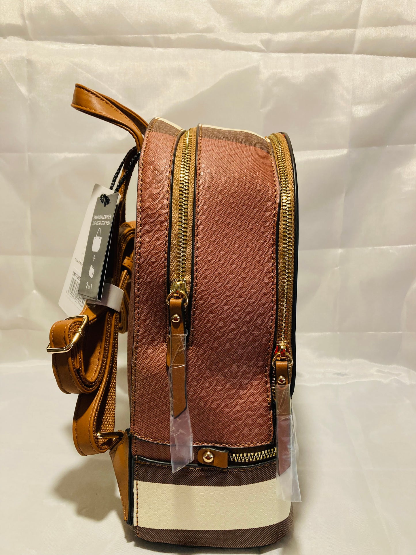 2 piece brown striped backpack set with matching wallet