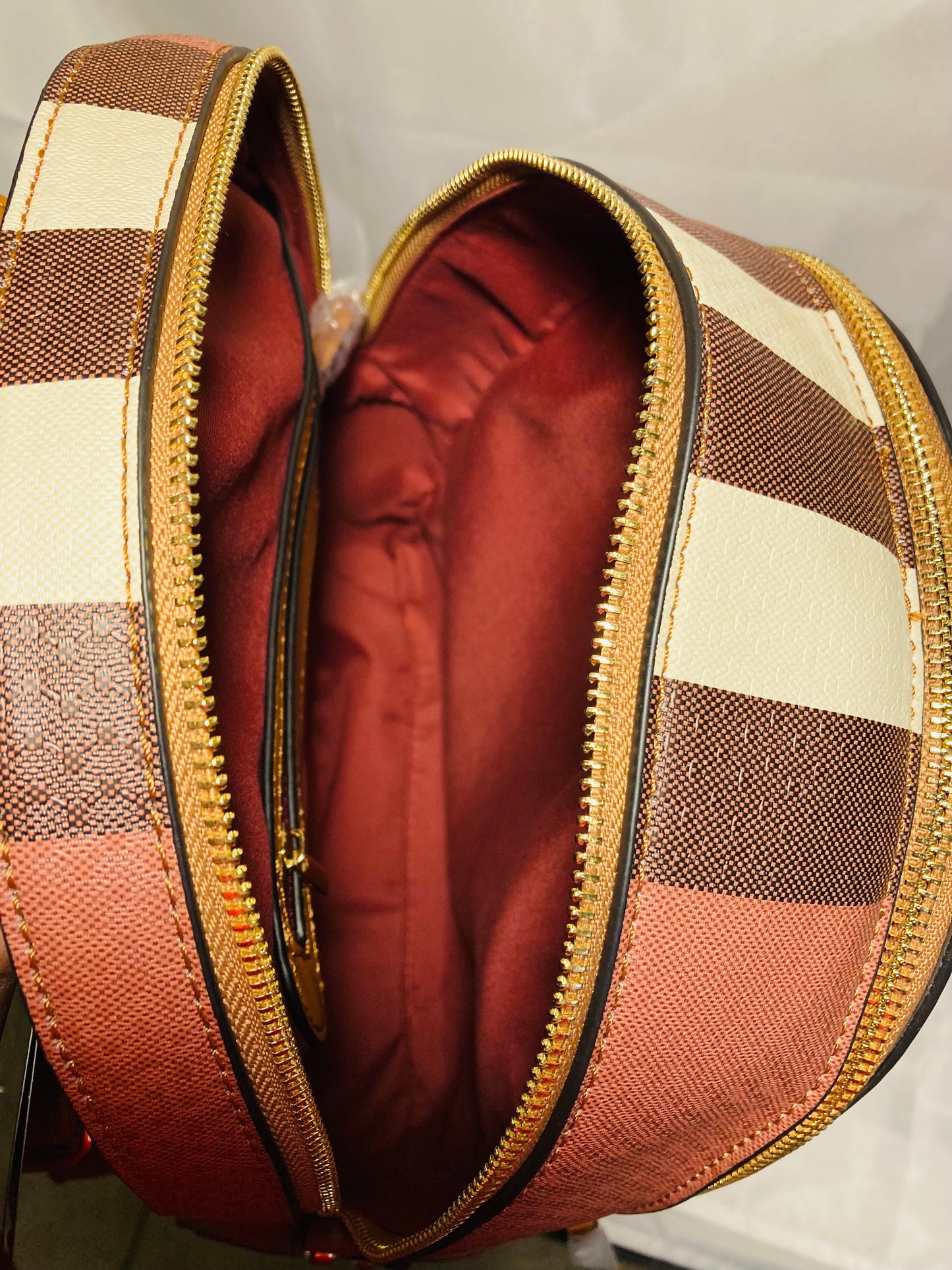 2 piece brown striped backpack set with matching wallet