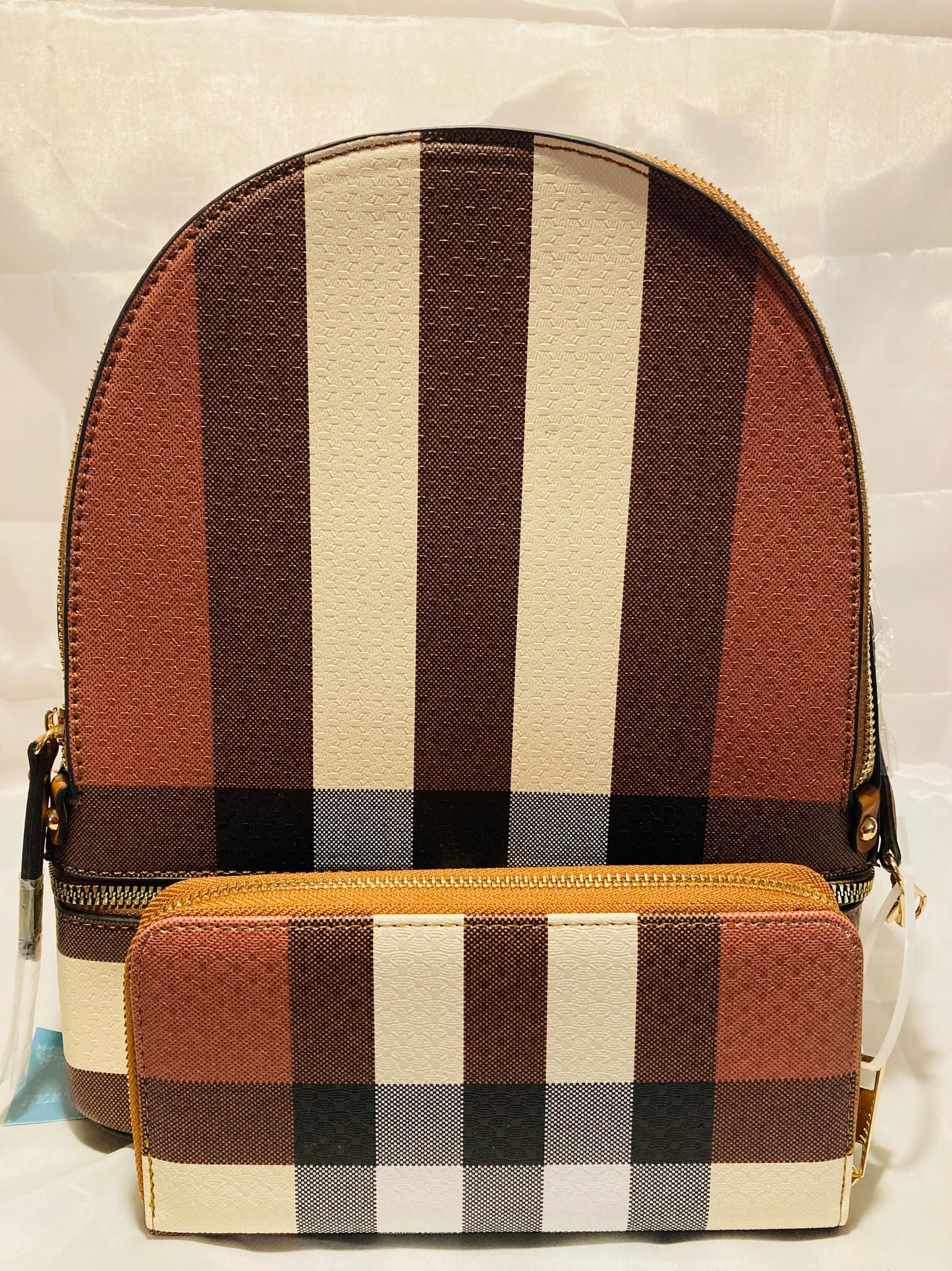 2 piece brown striped backpack set with matching wallet