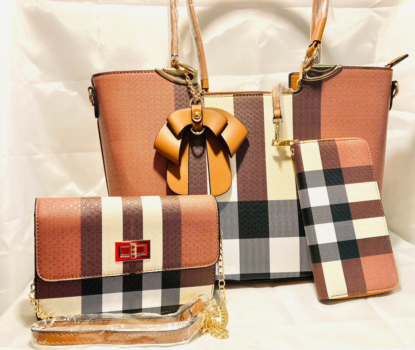 3 piece Brown striped vegan satchel set