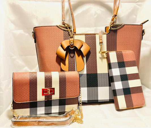 3 piece Brown striped vegan satchel set