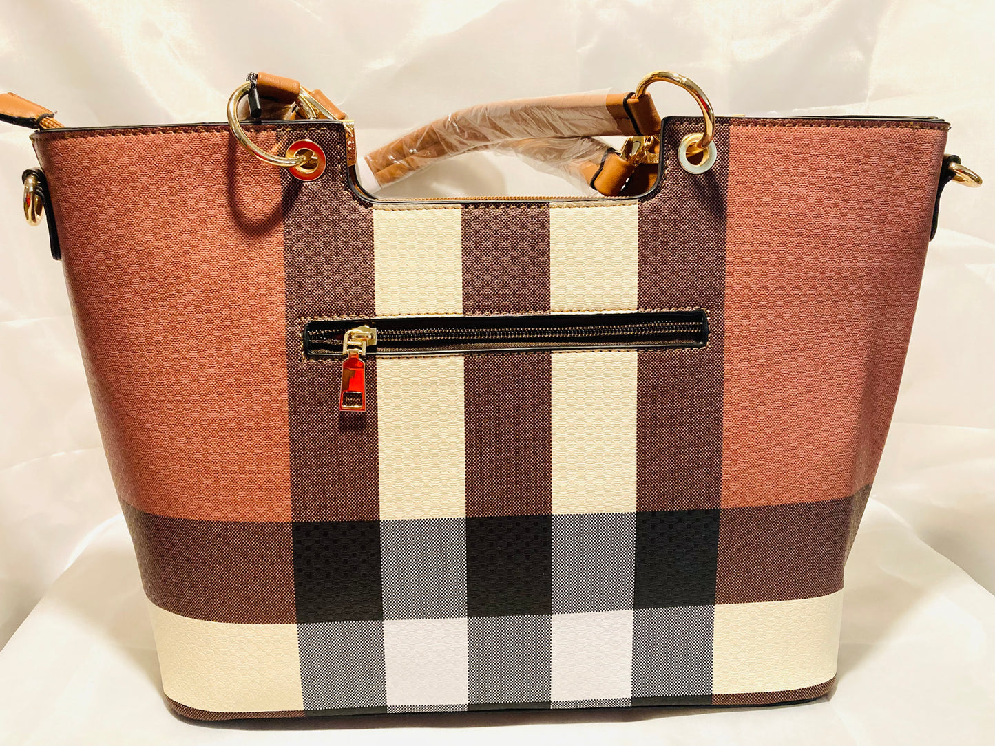 3 piece Brown striped vegan satchel set