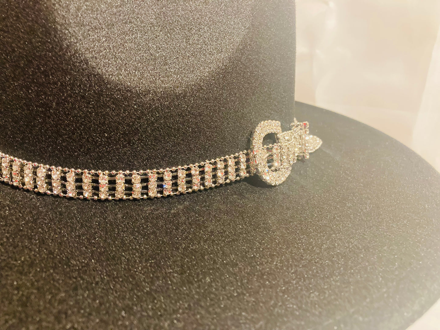 Ivory Rhinestone Chain Belt Fedora Hat