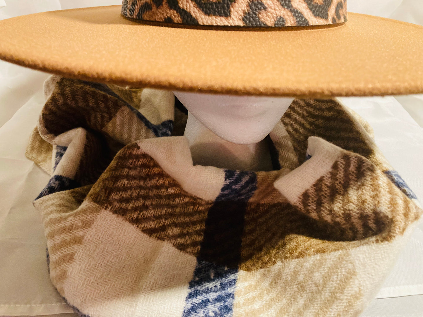 Leopard strap Flat Brim Fedora Hat and Oblong Scarf Set