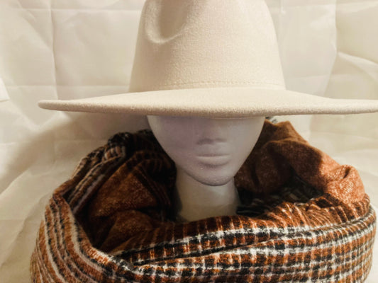 Winter White Vegan Felt Rancher Hat w/ Striped Oblong Scarf Set