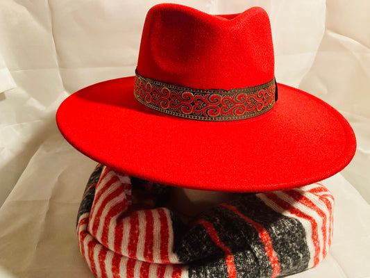 Red Teegan Fedora Hat with embroidered brim and Plaid fringe oblong scarf set