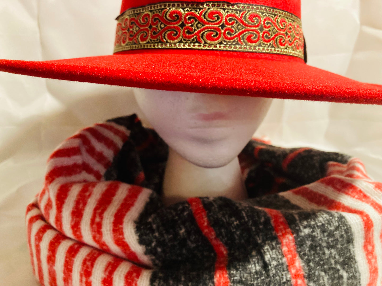 Red Teegan Fedora Hat with embroidered brim and Plaid fringe oblong scarf set