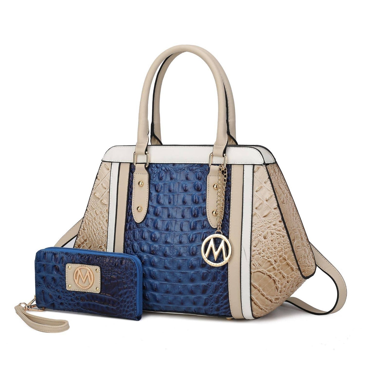 Daisy 2 PCS Croco Satchel Handbag & Wallet Women by Mia k: Navy Beige